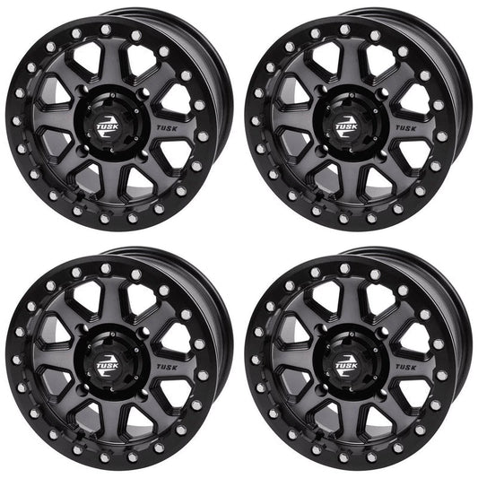 (4 Pack) 4/156 Tusk Uinta Beadlock Wheel 14X7 4.0 + 3.0 Gunmetal/black For Yamaha Wolverine Rmax 4 1000 R-Spec 2022